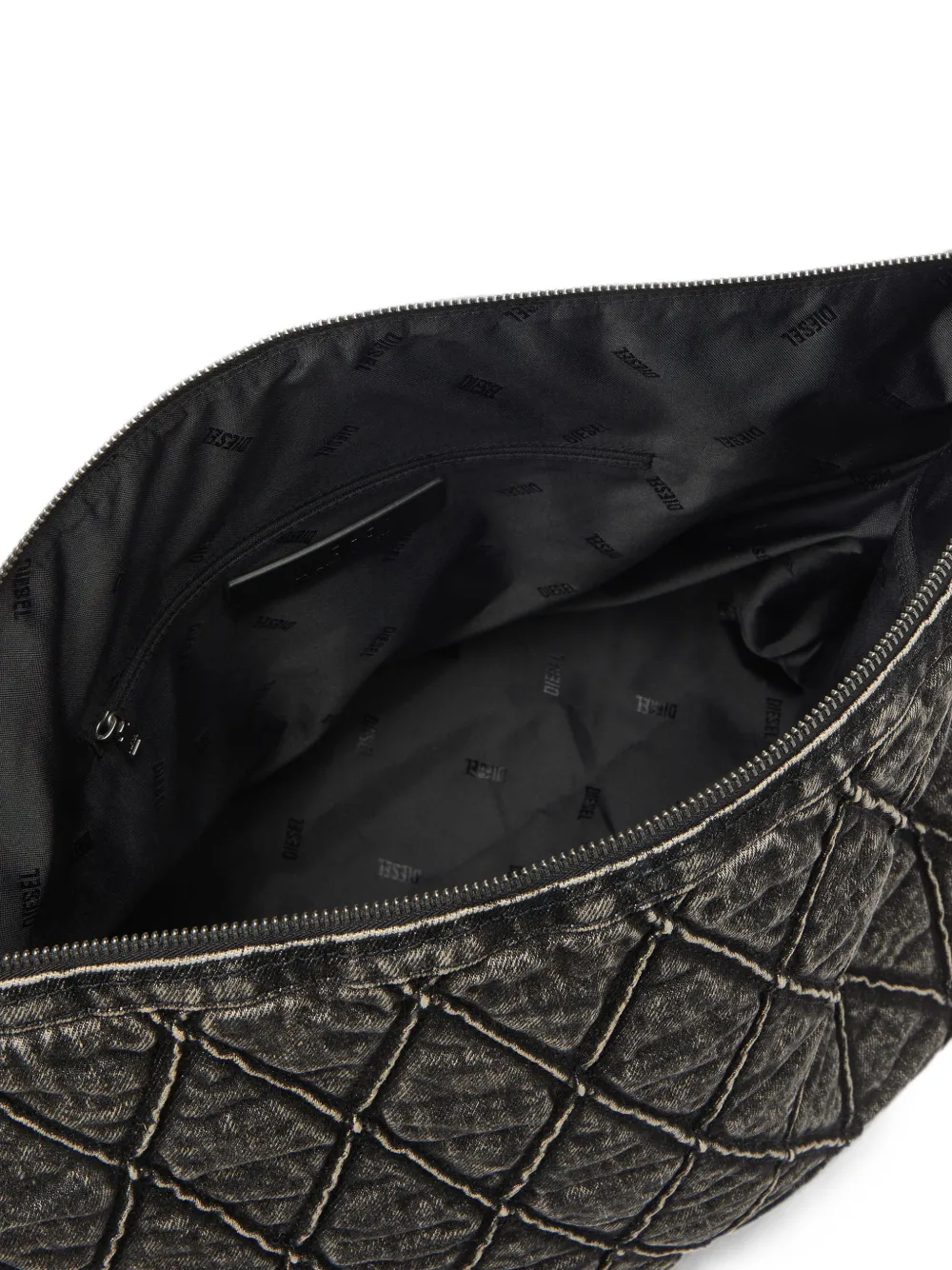 Diesel Charm-D gewatteerde denim schoudertas met acid-wassing Grijs
