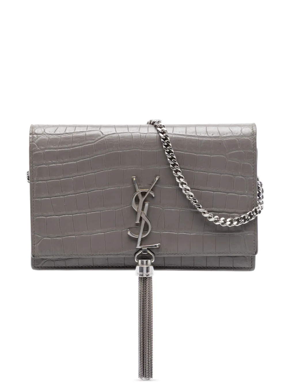 Saint Laurent Pre-Owned 2017 Croc Embossed Leather Monogram Kate Tassel Wallet on Chain crossbody bag - Grigio