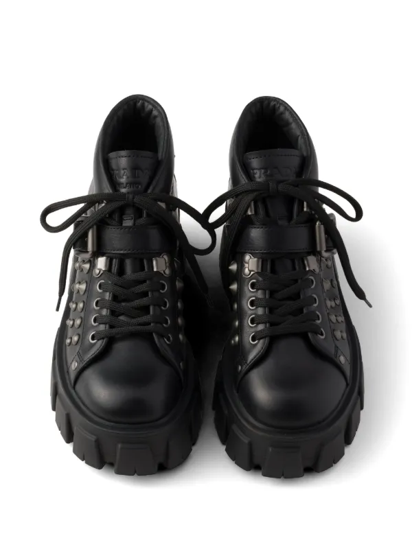 靴 PRADA Leather Studs Heels 38 1/2 Prada Monolith Studded Leather Booties | Black | FARFETCH
