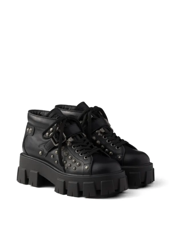 靴 PRADA Leather Studs Heels 38 1/2 Prada Monolith Studded Leather Booties | Black | FARFETCH
