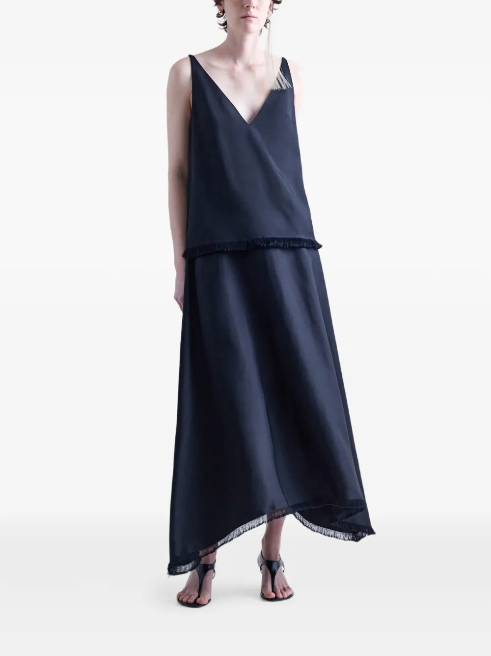 Fforme Ash Frayed Asymmetric Long Skirt in Black, view 2