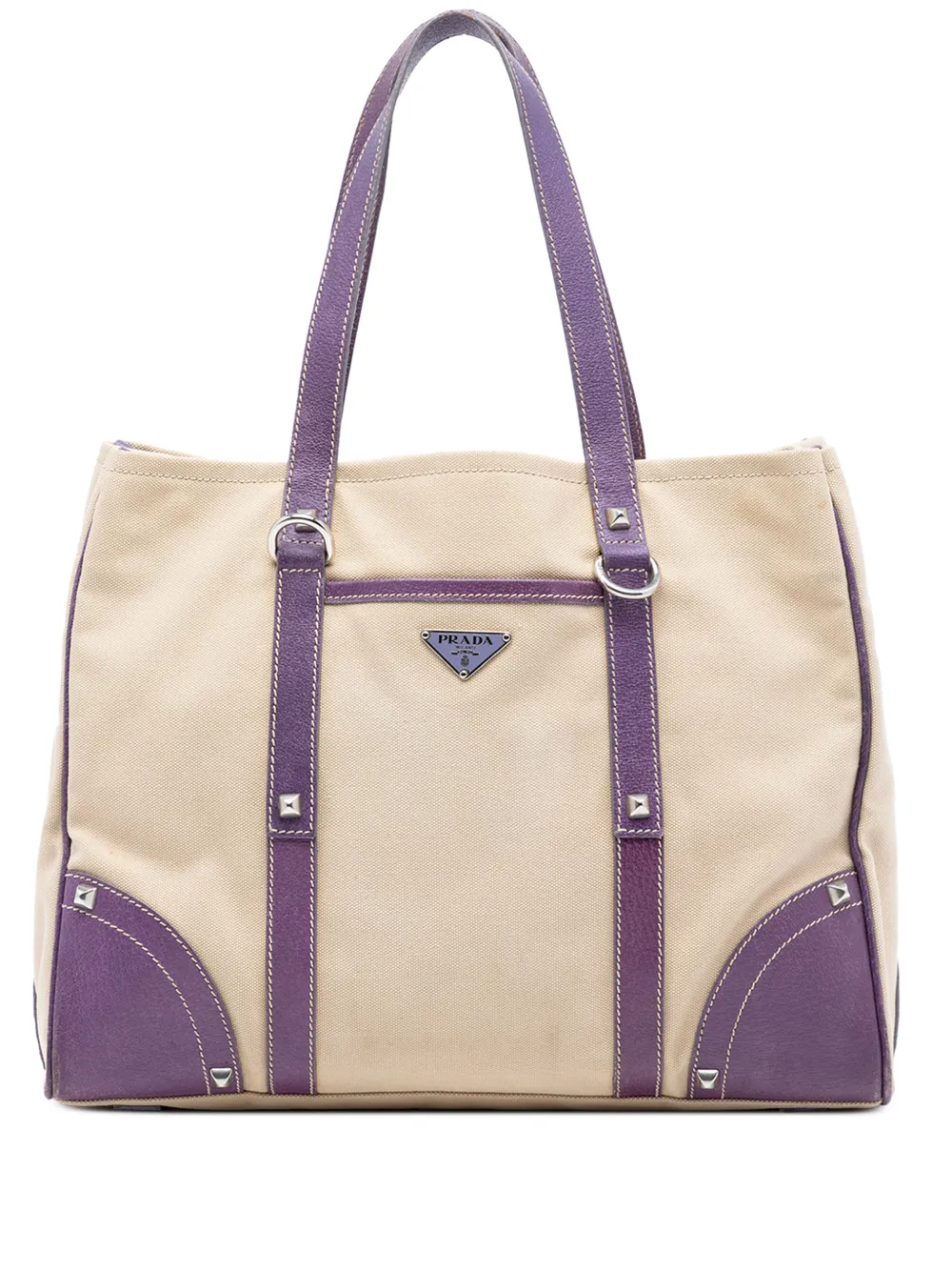 Prada Pre-Owned 2013-2025 Studded Leather Trimmed Canvas Front Pocket Tote satchel - Marrone