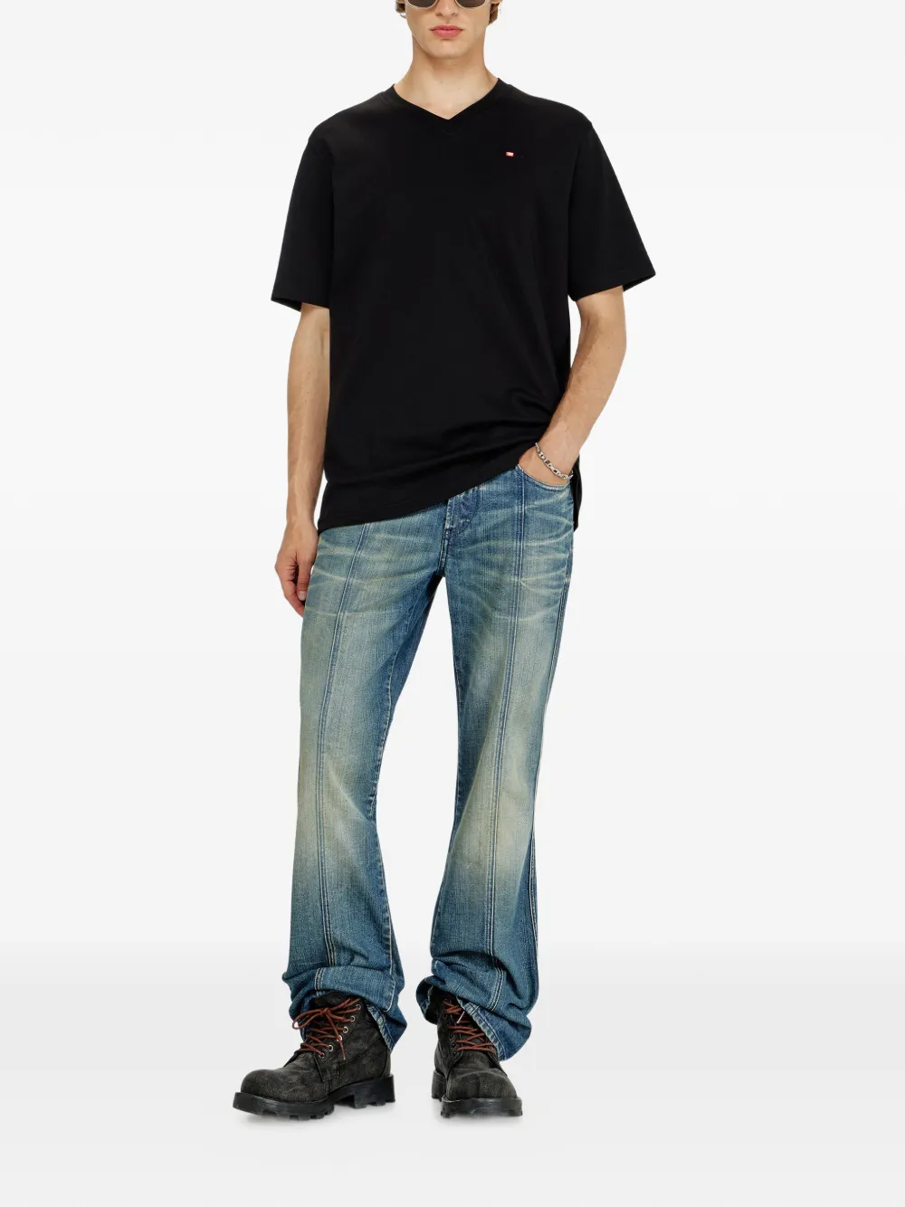 Diesel T-shirt met V-hals en geborduurd logo Zwart