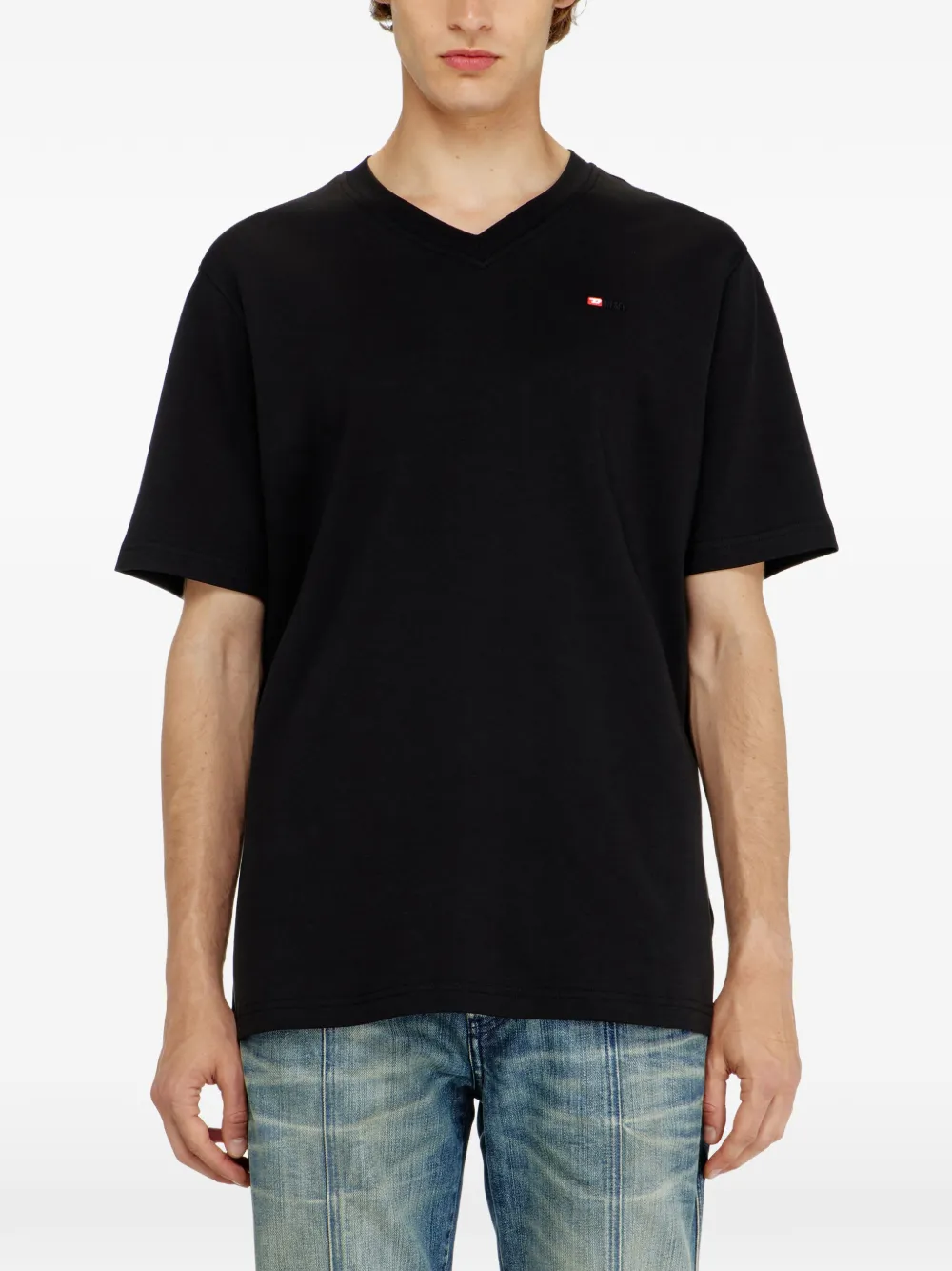 Diesel T-shirt met V-hals en geborduurd logo Zwart