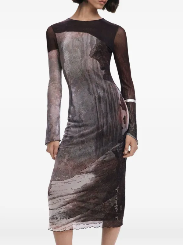 desigual brown dress Desigual Printed long-sleeve Midi Dress | Brown