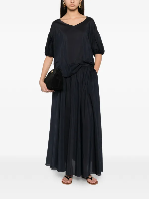 gathered dress with flared skirt ARRANGE gathered cinched full skirt maxi dress in chocolate