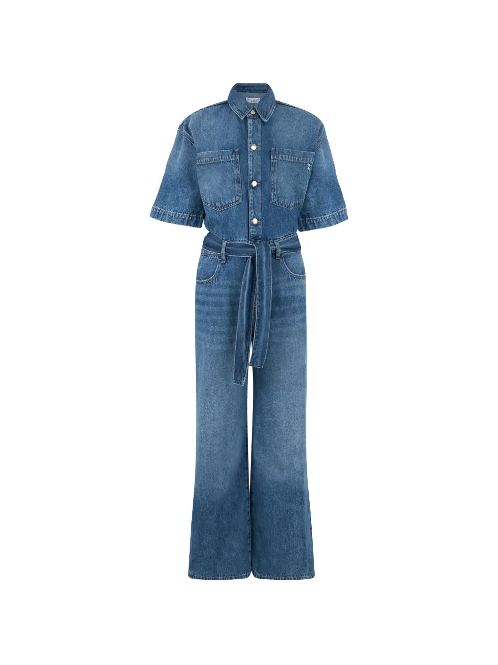 ICON DENIM belted short-sleeve denim jumpsuit - Blu