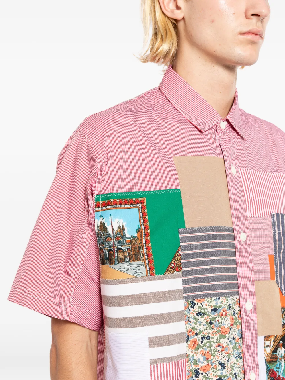 Junya Watanabe MAN Overhemd met patchwork en gingham ruit Rood