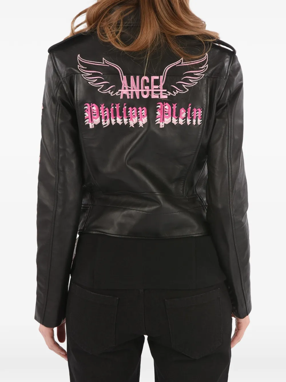 Philipp Plein Couture Angel leren bikerjack met borduurwerk Zwart
