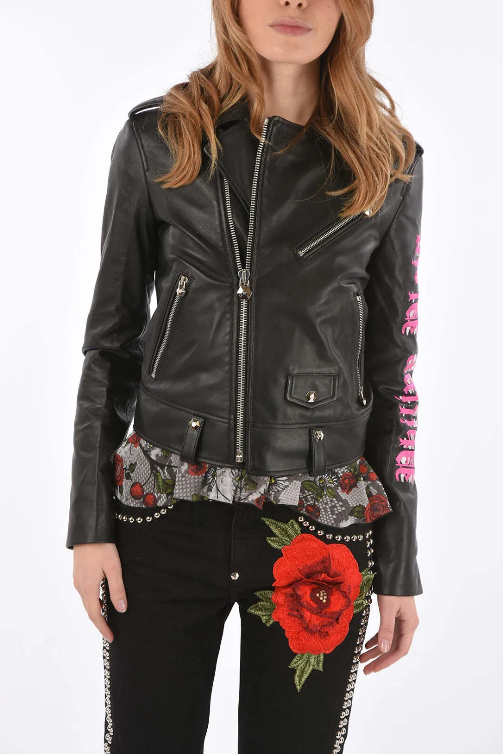 Philipp Plein Couture Angel embroidered leather biker jacket - Schwarz