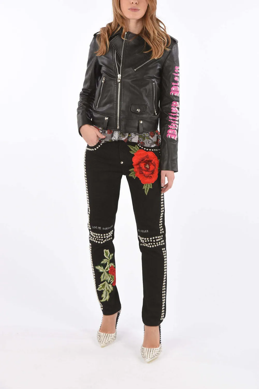 Philipp Plein Couture Angel leren bikerjack met borduurwerk Zwart