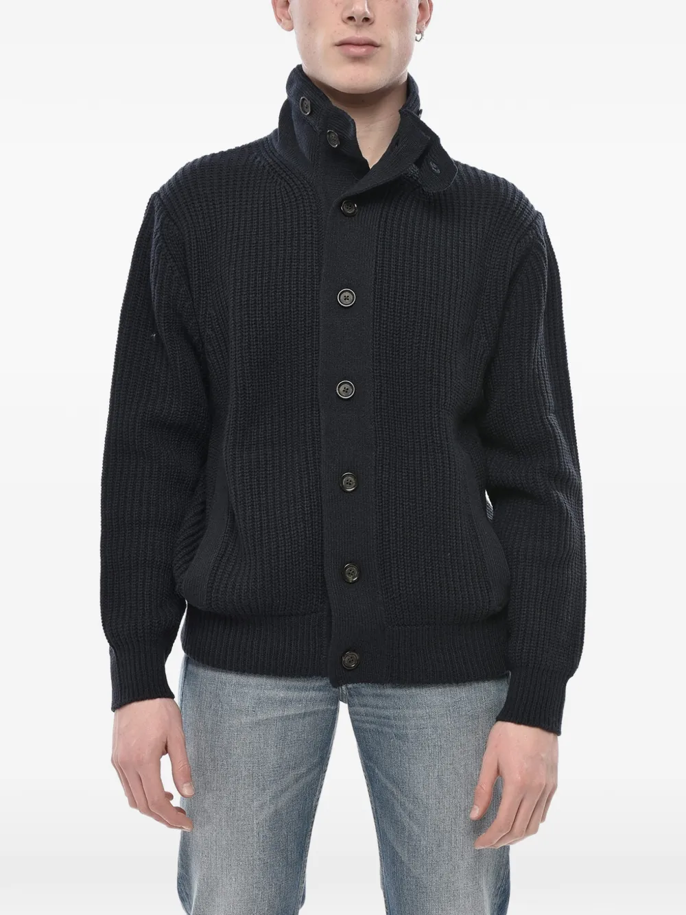 Paolo Pecora High-neck Ribbed-knit Cardigan In Blue