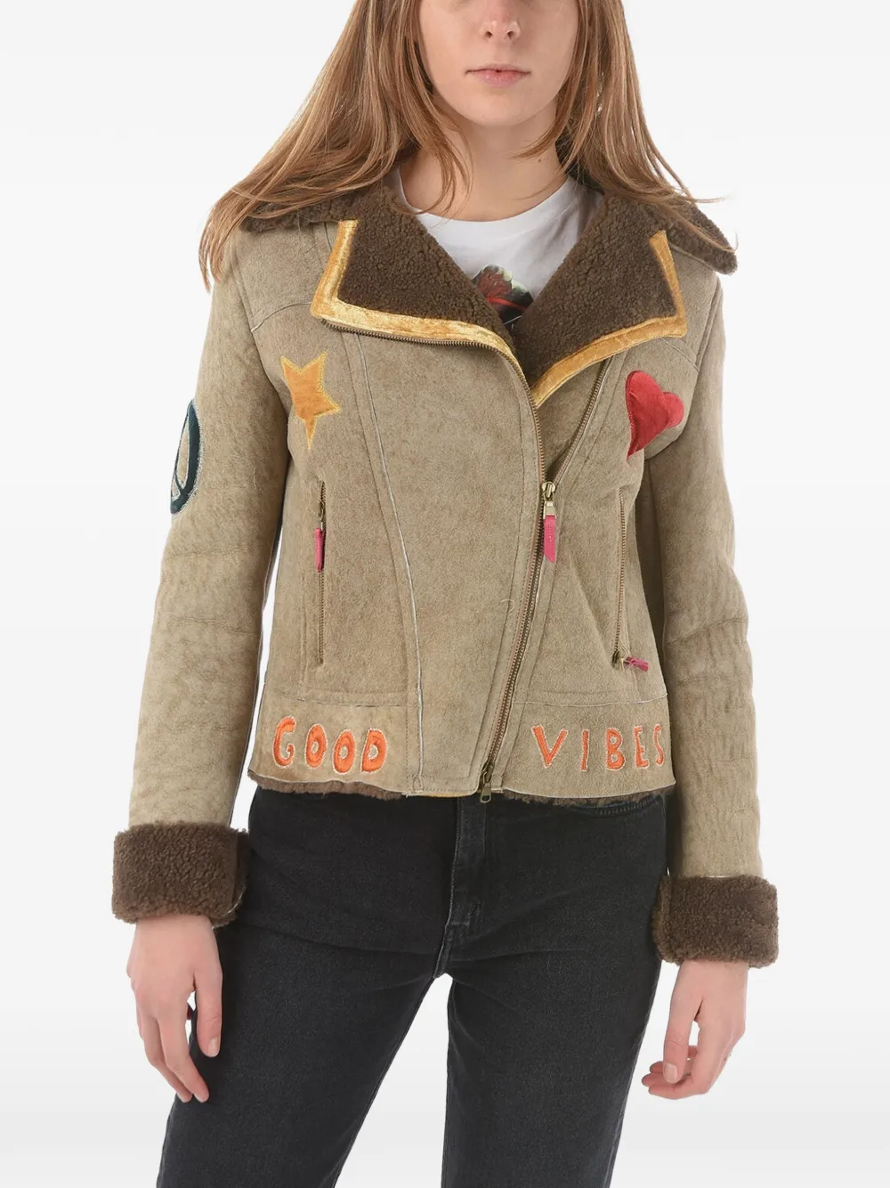 History Repeats embroidered zip-up shearling jacket - Nude
