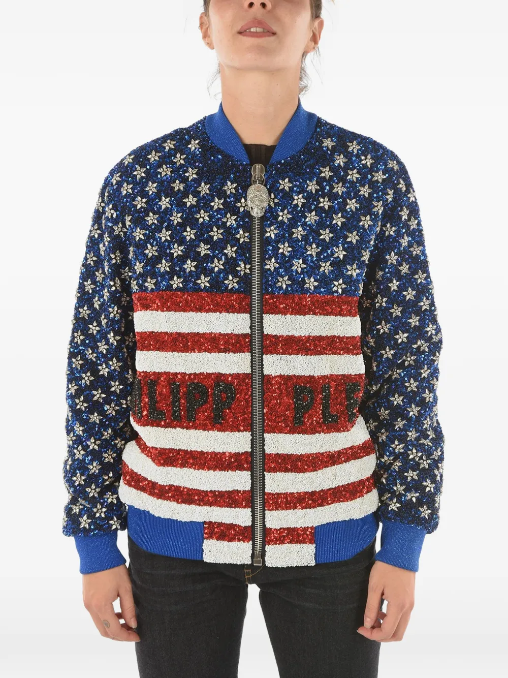 Philipp Plein sequin-embellished rhinestone-star bomber jacket - Blau