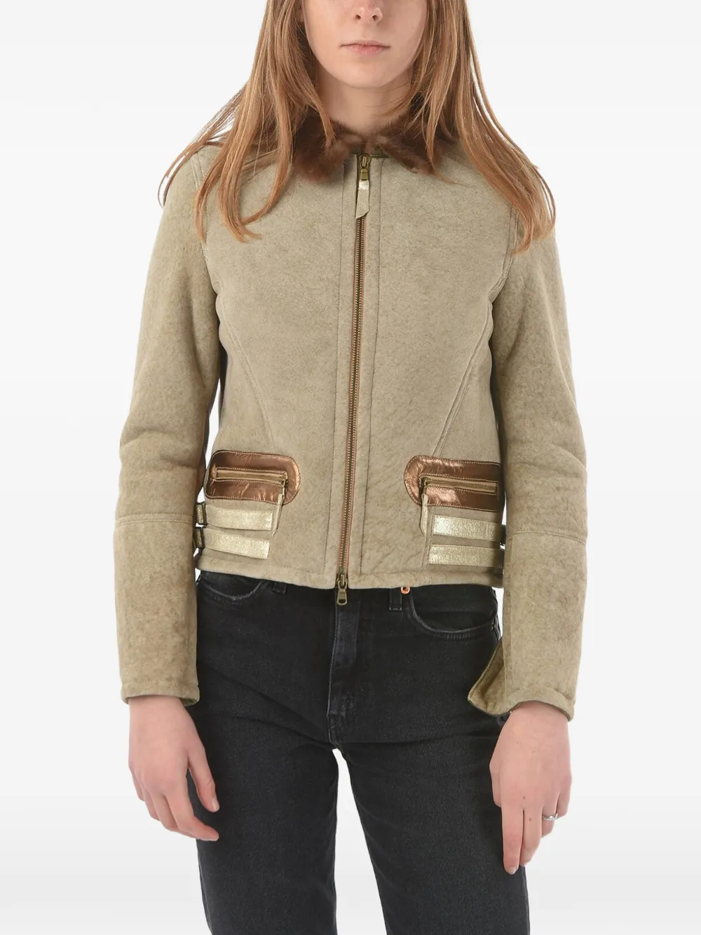 History Repeats embroidered shearling jacket - Nude