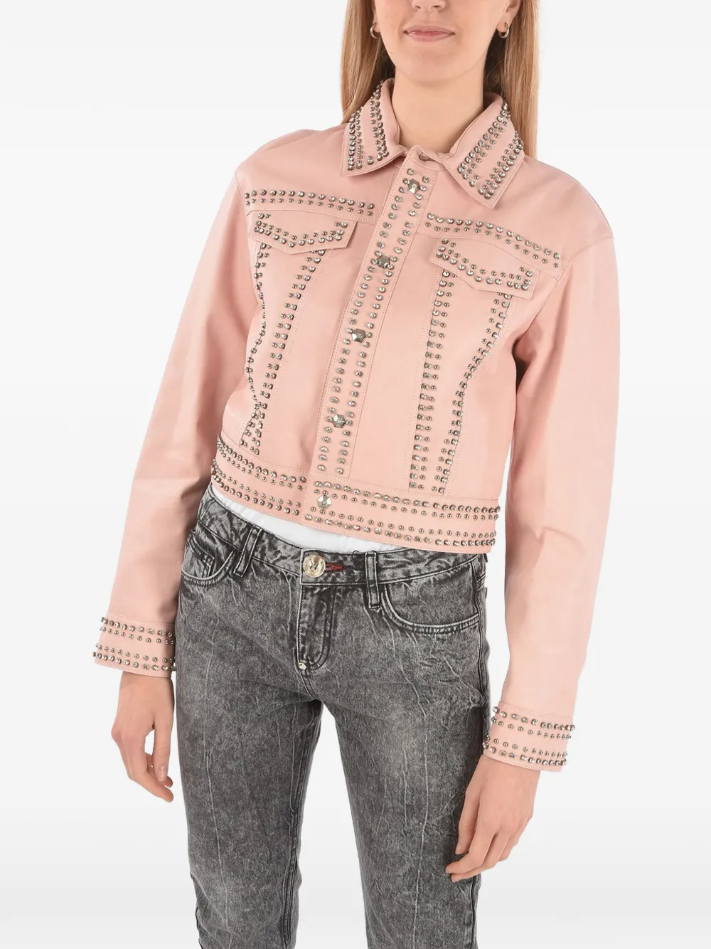 Philipp Plein Leren jack verfraaid met kristallen Roze