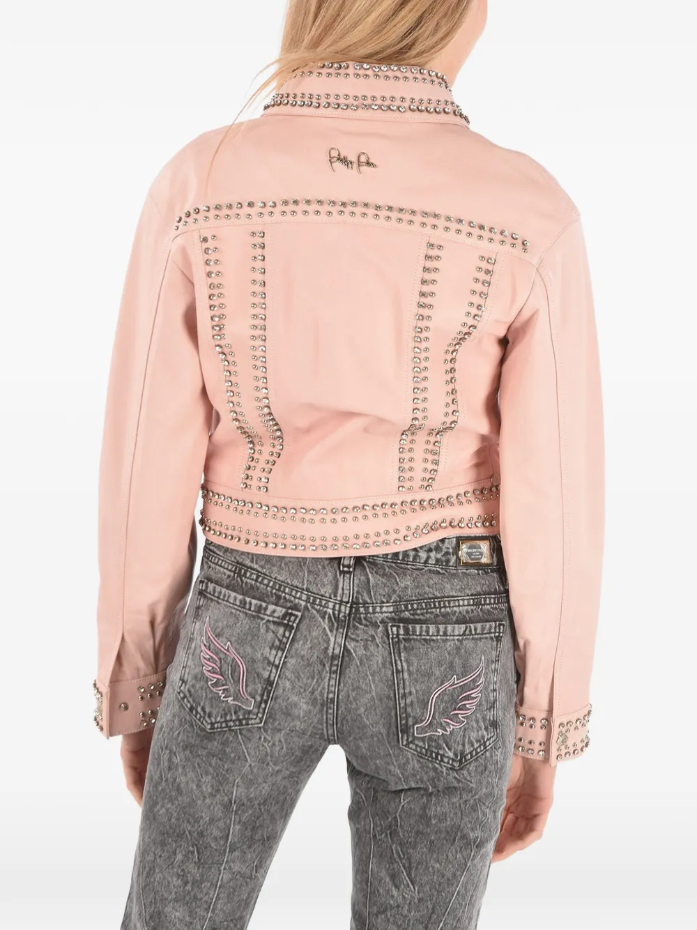Philipp Plein Leren jack verfraaid met kristallen Roze