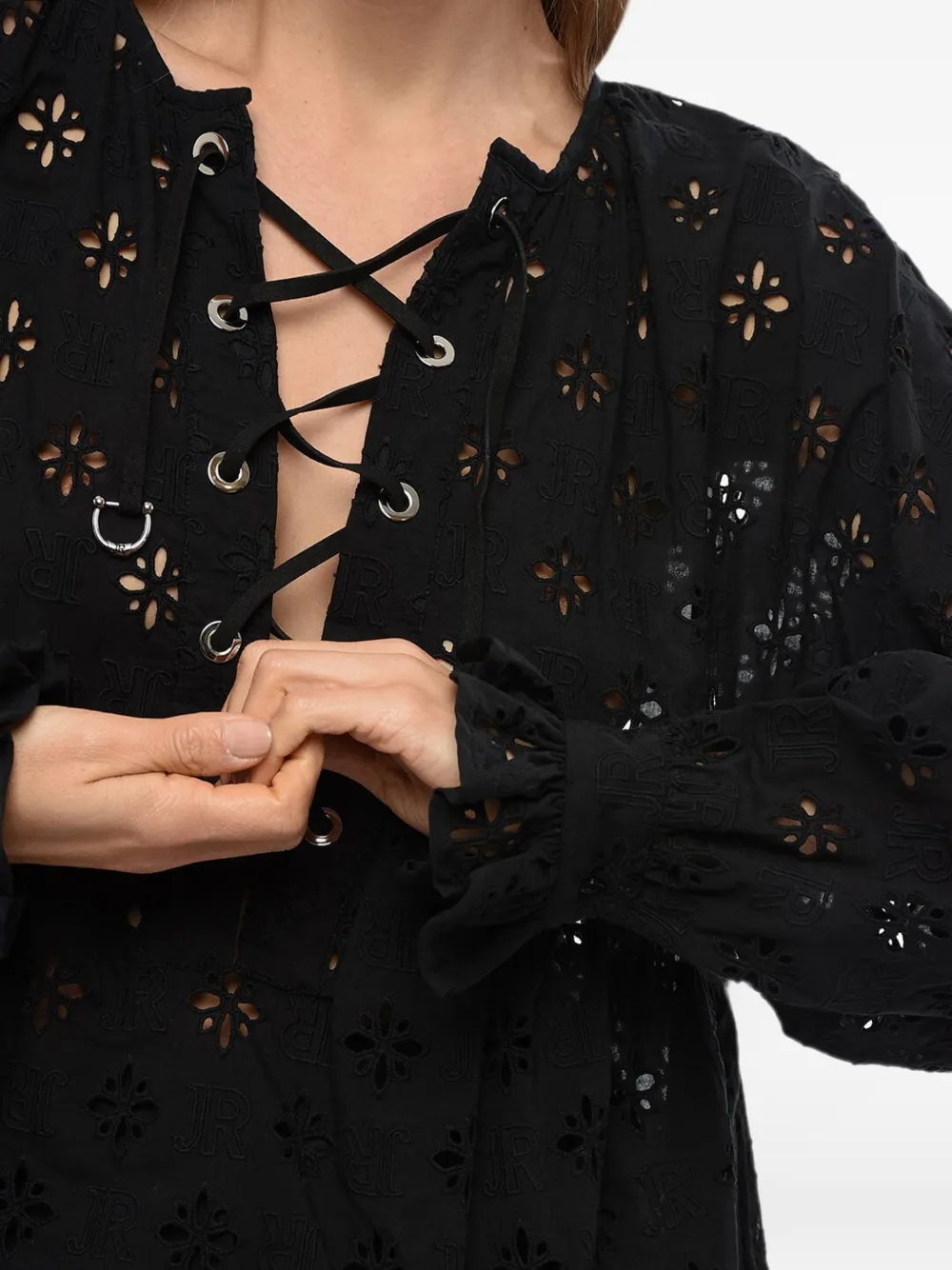 John Richmond broderie anglaise lace-up blouse Zwart