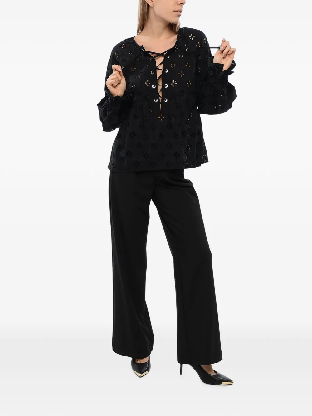 John Richmond broderie anglaise lace-up blouse Zwart