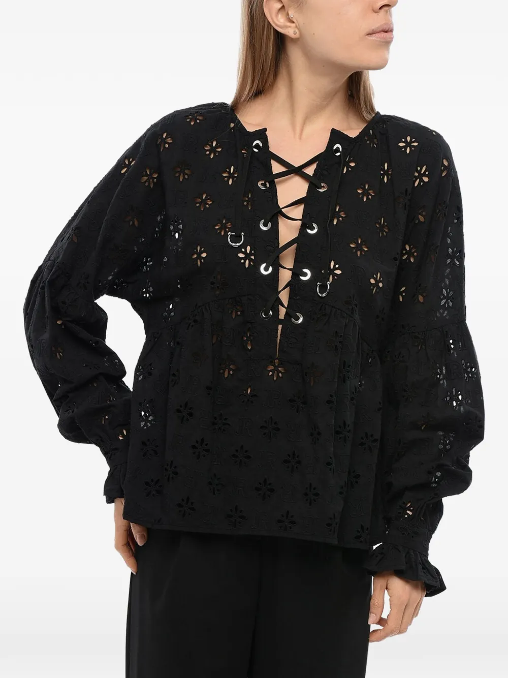 John Richmond broderie anglaise lace-up blouse Zwart