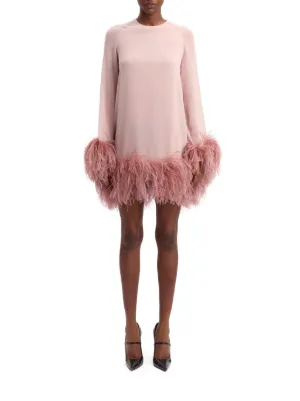 16arlington pink feather dress 16ARLINGTON Adelaide One-Shoulder Crepe Mini Dress w/ Feather Trim