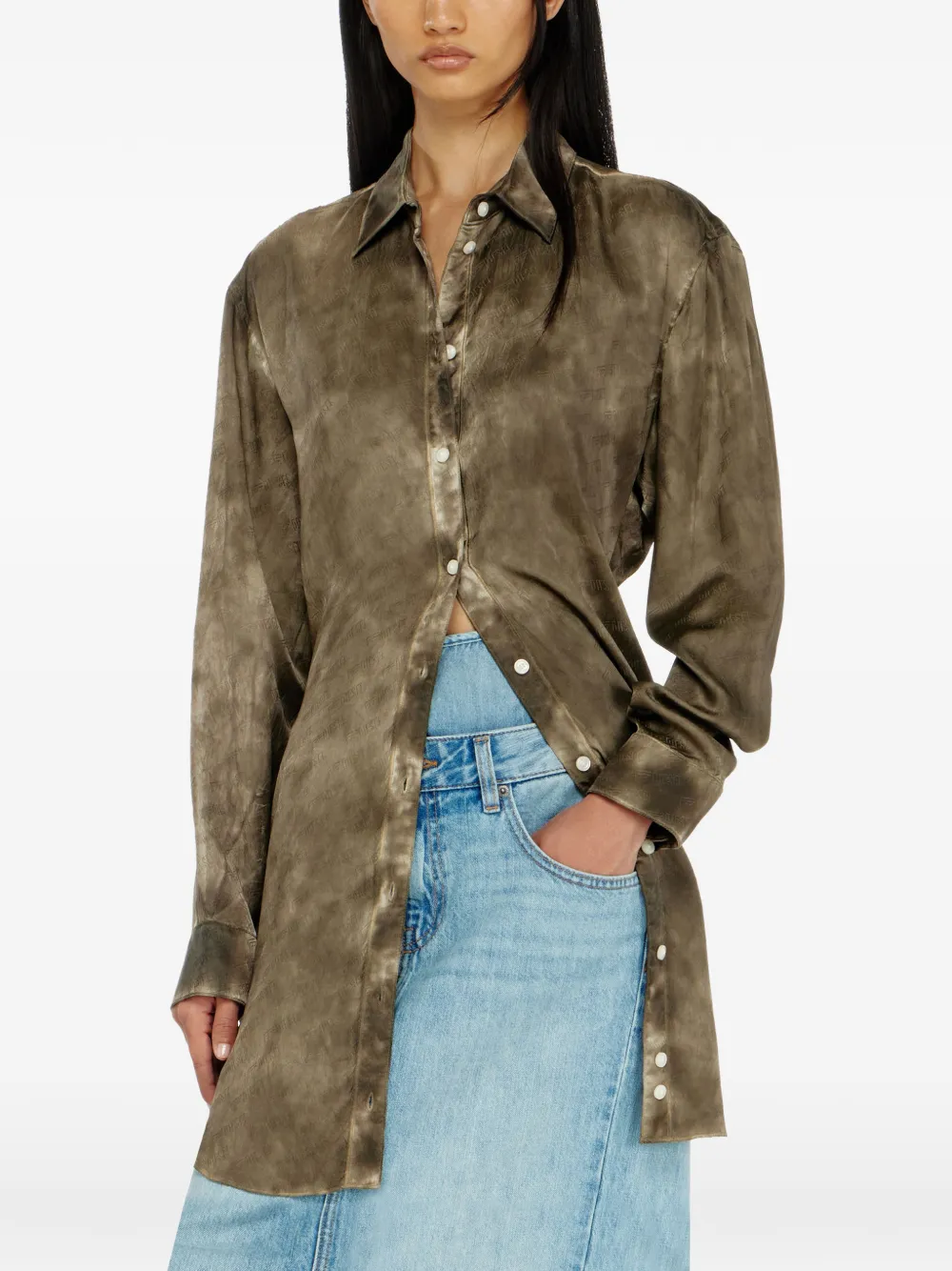 Diesel Gekreukte satijnen blouse met logo-jacquard Bruin
