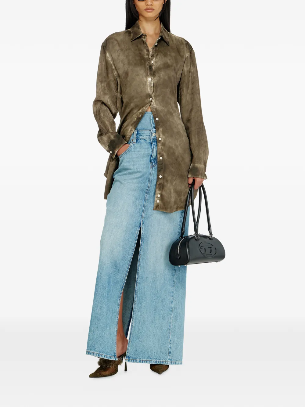 Diesel Gekreukte satijnen blouse met logo-jacquard Bruin