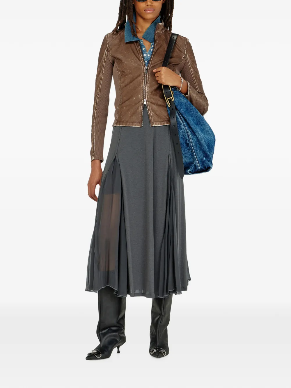 Diesel Geribbelde jersey en chiffon midi-rok Grijs