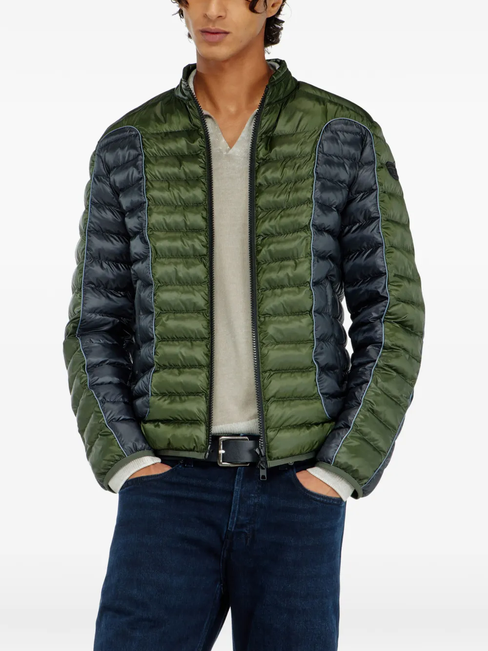 Diesel Donsjack in bikerstijl met colourblocking Groen