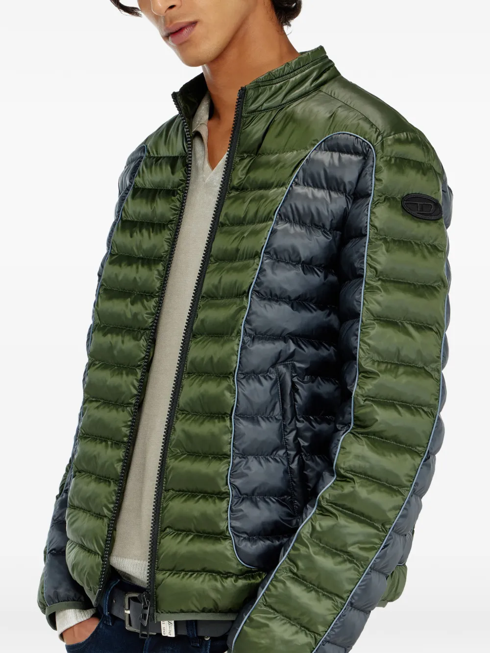 Diesel Donsjack in bikerstijl met colourblocking Groen