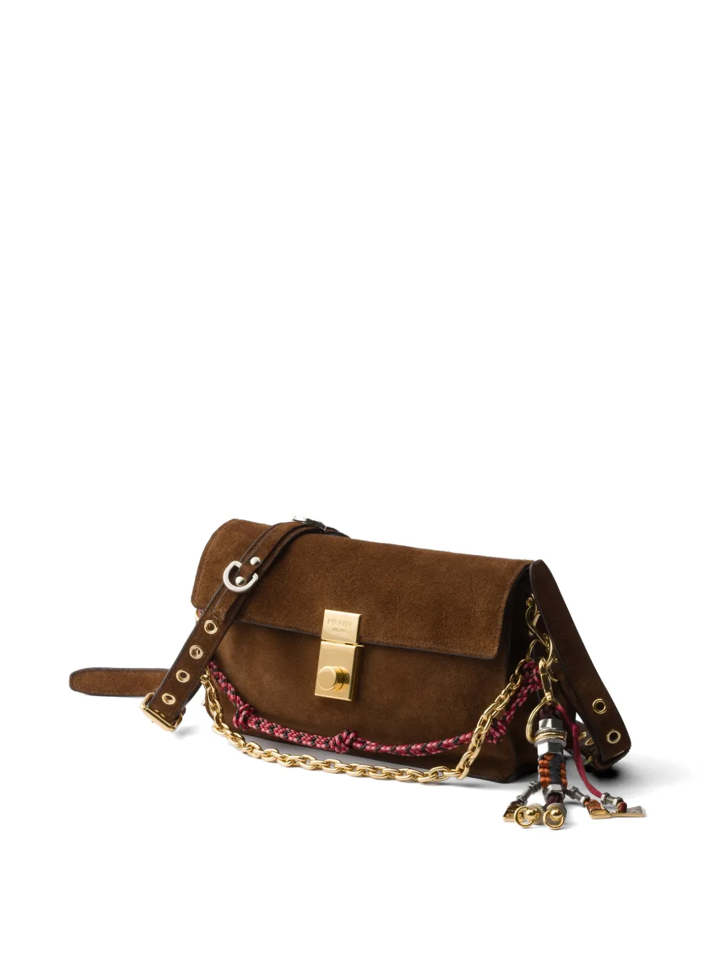 Prada Kleine Soft Sound suède schoudertas Bruin