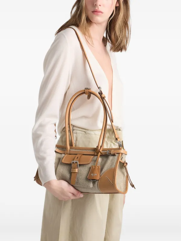 Prada Bonnie Medium Linen And Leather Handbag | Neutrals | FARFETCH