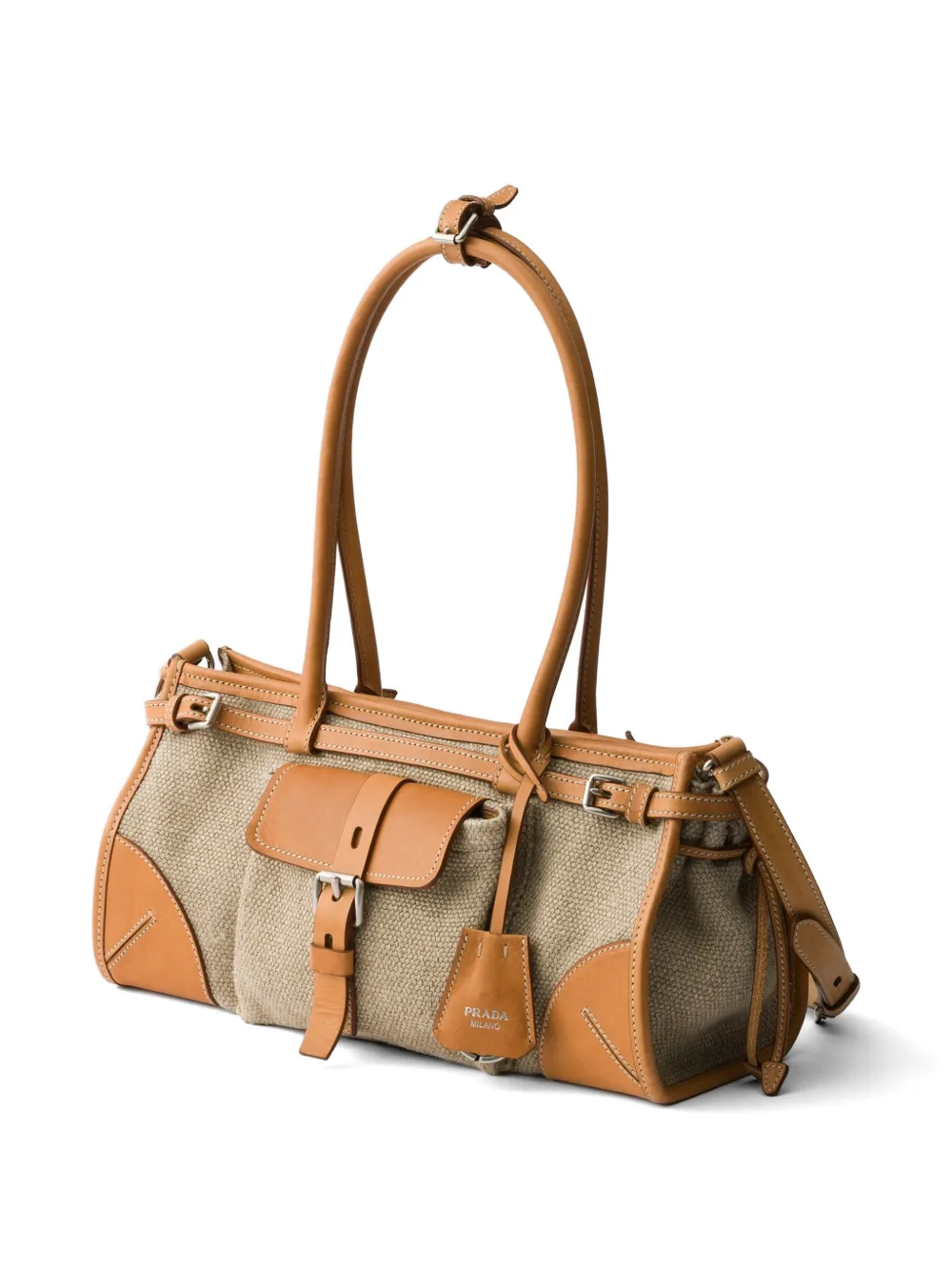 Prada Bonnie medium linnen en leren handtas Beige