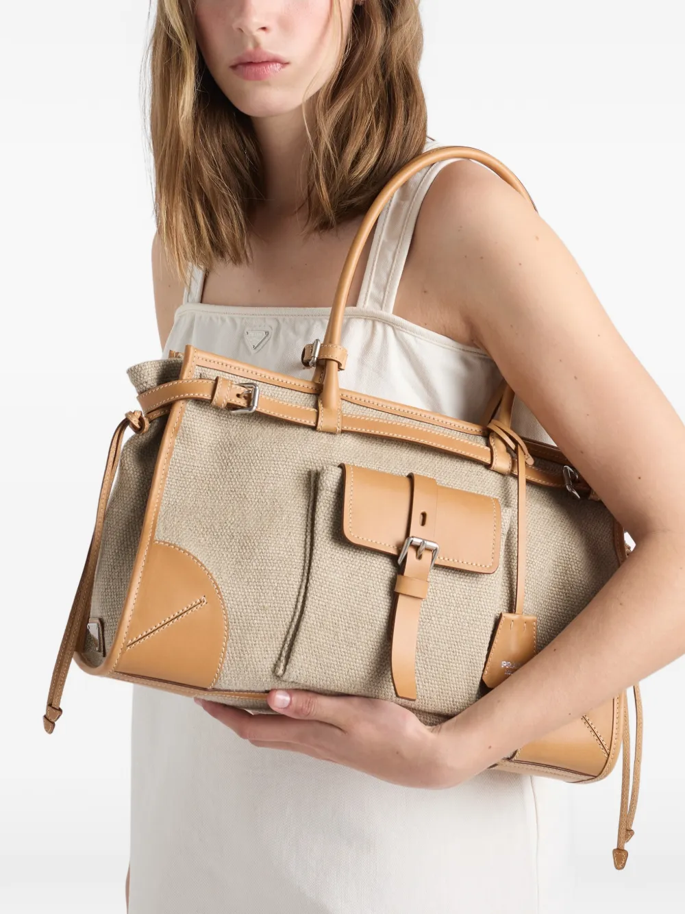 Prada Bonnie linnen en leren shopper Beige