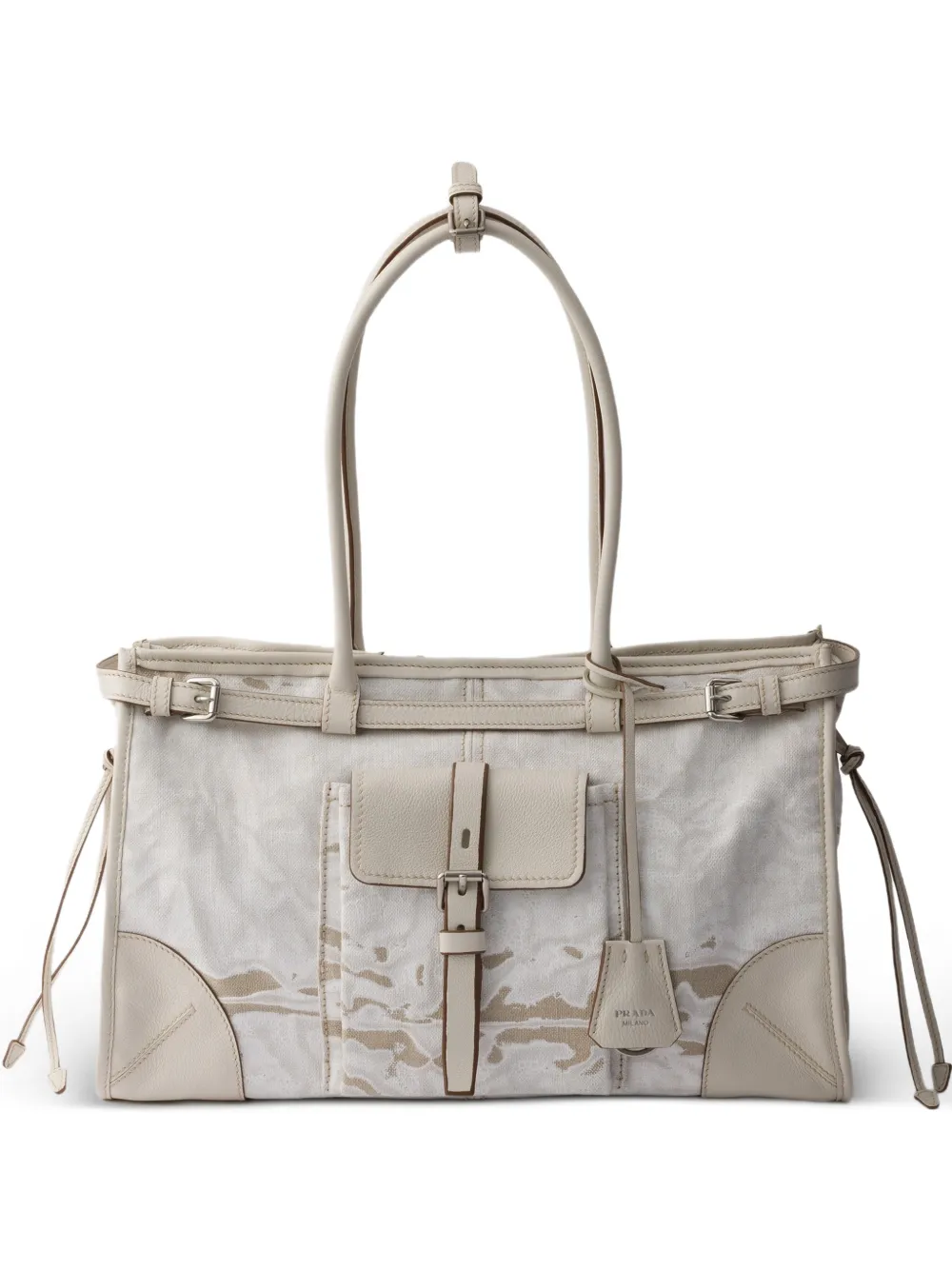 Prada Bonnie large printed linen and leather handbag - Toni neutri