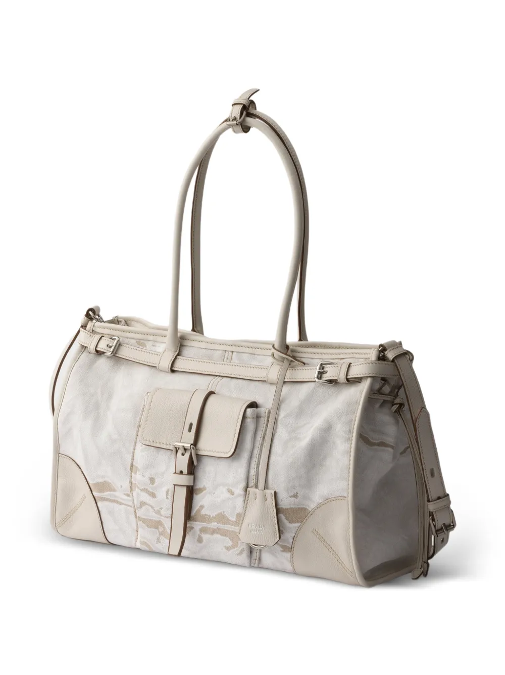 Prada Bonnie grote handtas met linnen en leren print Beige