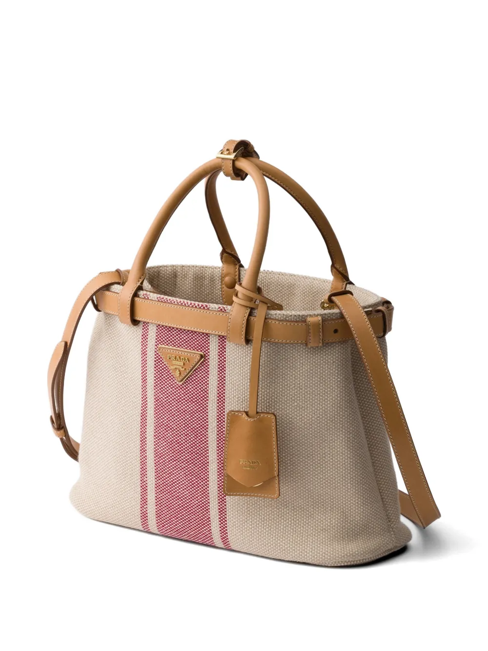 Prada Buckle kleine canvas en leren tas Beige