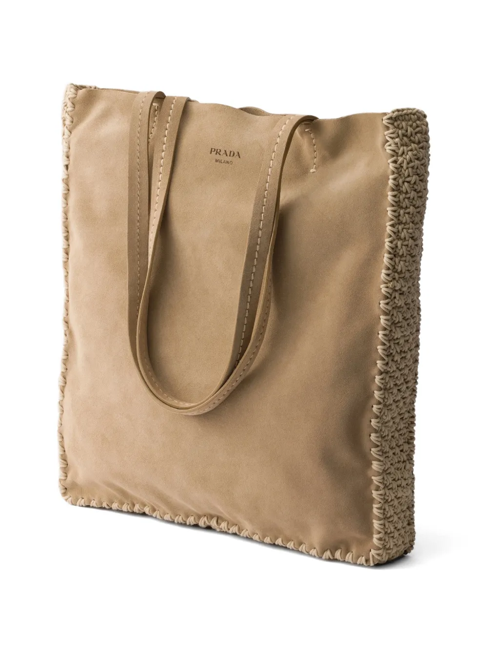 Prada Grote suède en gehaakte shopper Beige