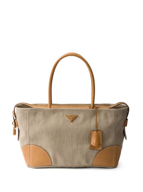 Prada large linen and leather tote bag