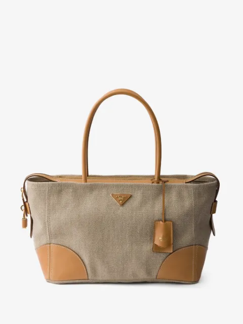 Prada grand sac fourre-tout en lin et cuir