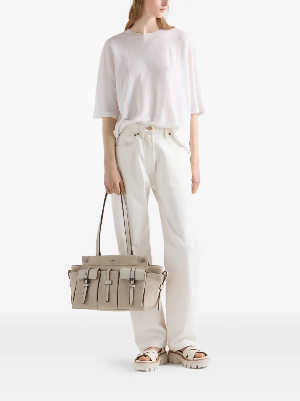 Prada Route grote canvas en leren shopper Beige