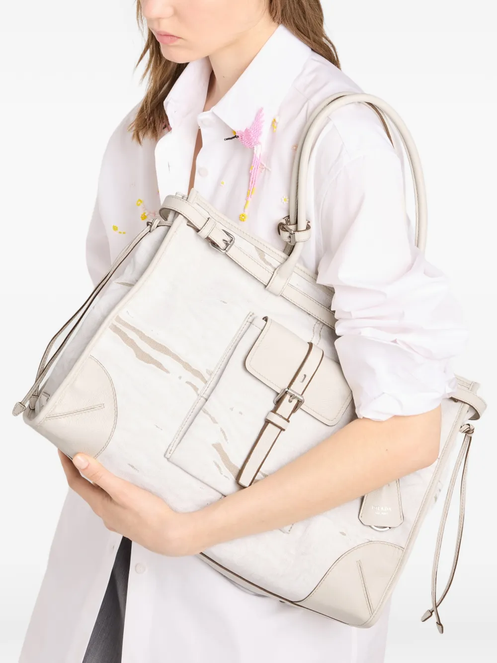 Prada Bonnie linnen en leren shopper Beige