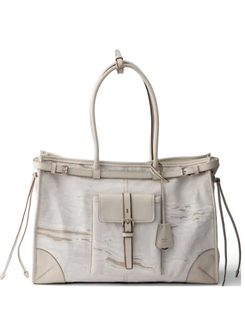 Prada Bonnie printed linen and leather tote bag