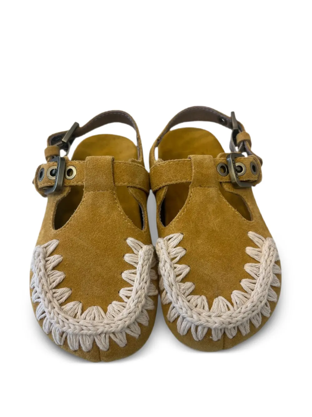 Mou crochet-trim buckle-strap sandals Beige