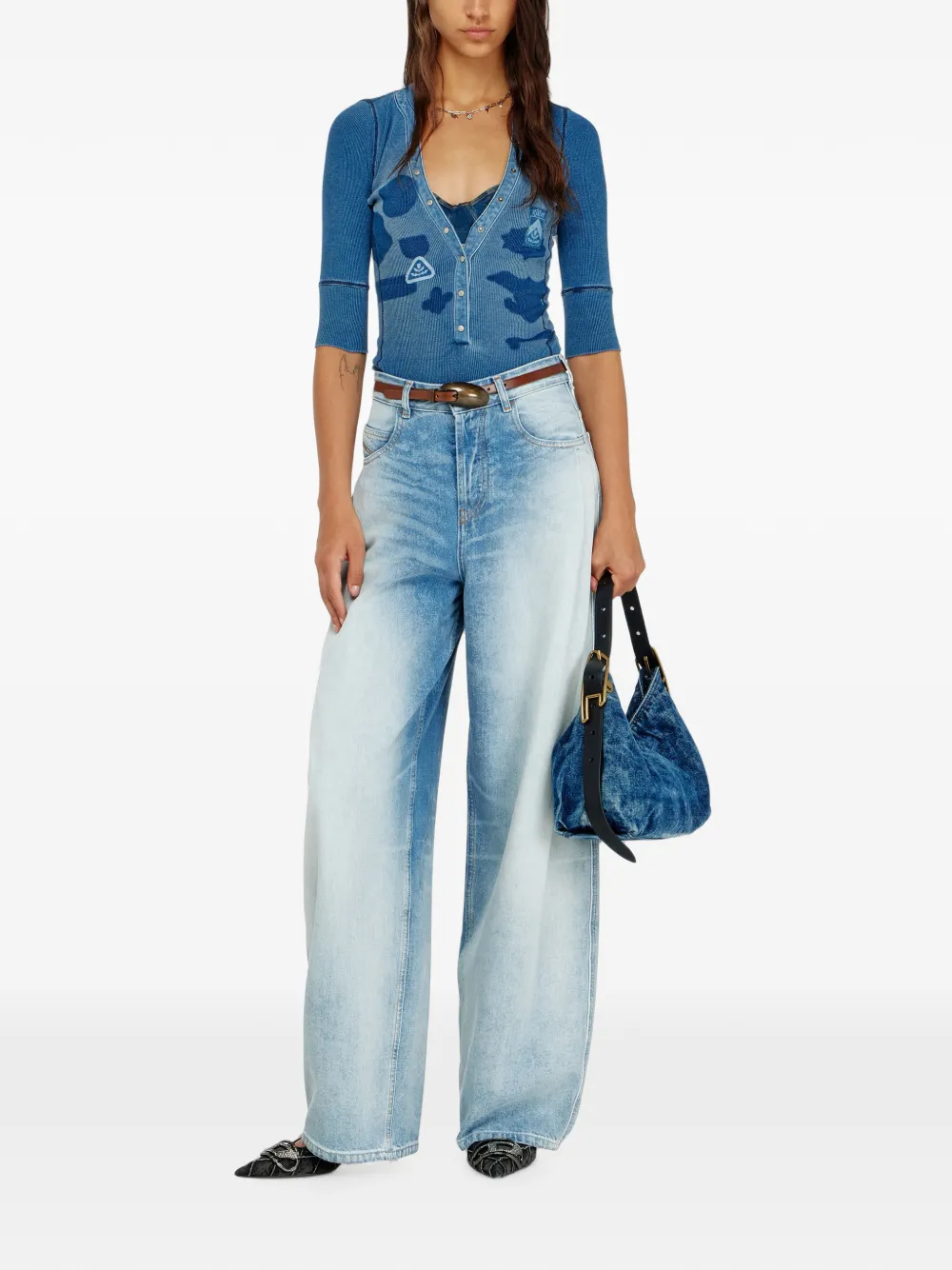 Diesel Henley geribbelde blouse met logopatch Blauw