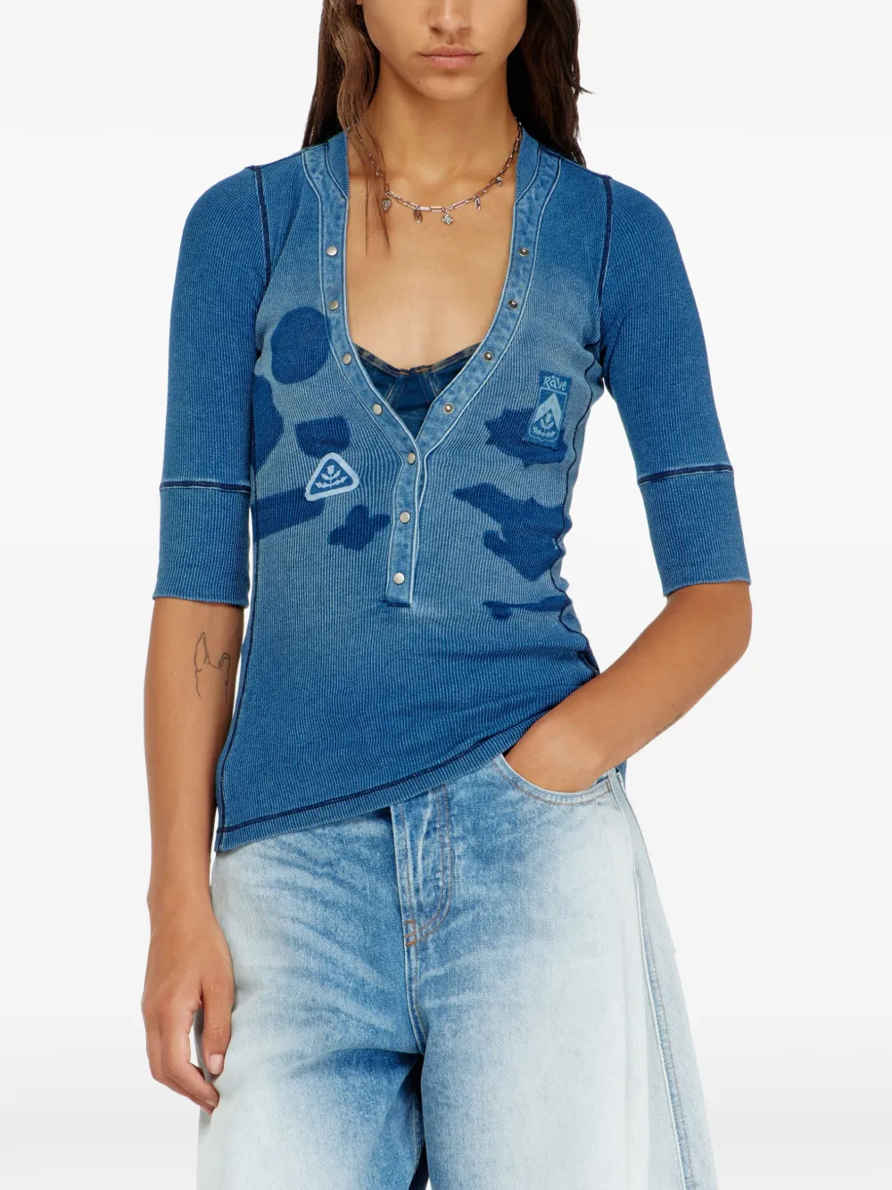 Diesel Henley geribbelde blouse met logopatch Blauw