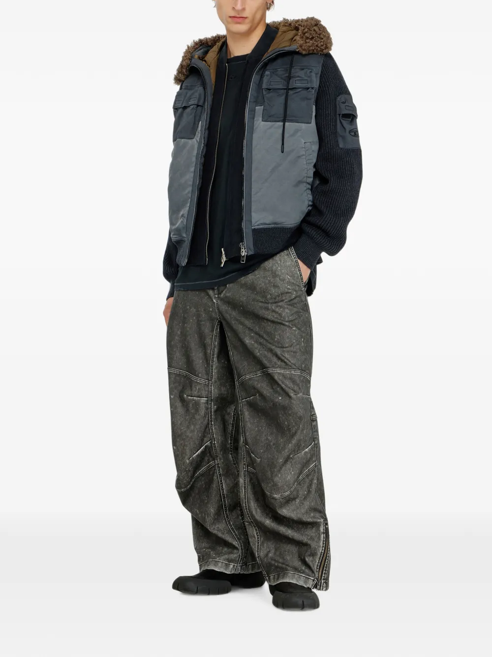 Diesel Gewatteerde jas met capuchon en gebreide mouwen Blauw