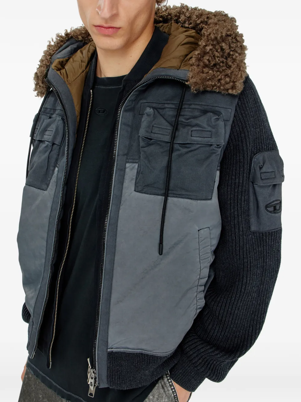 Diesel Gewatteerde jas met capuchon en gebreide mouwen Blauw