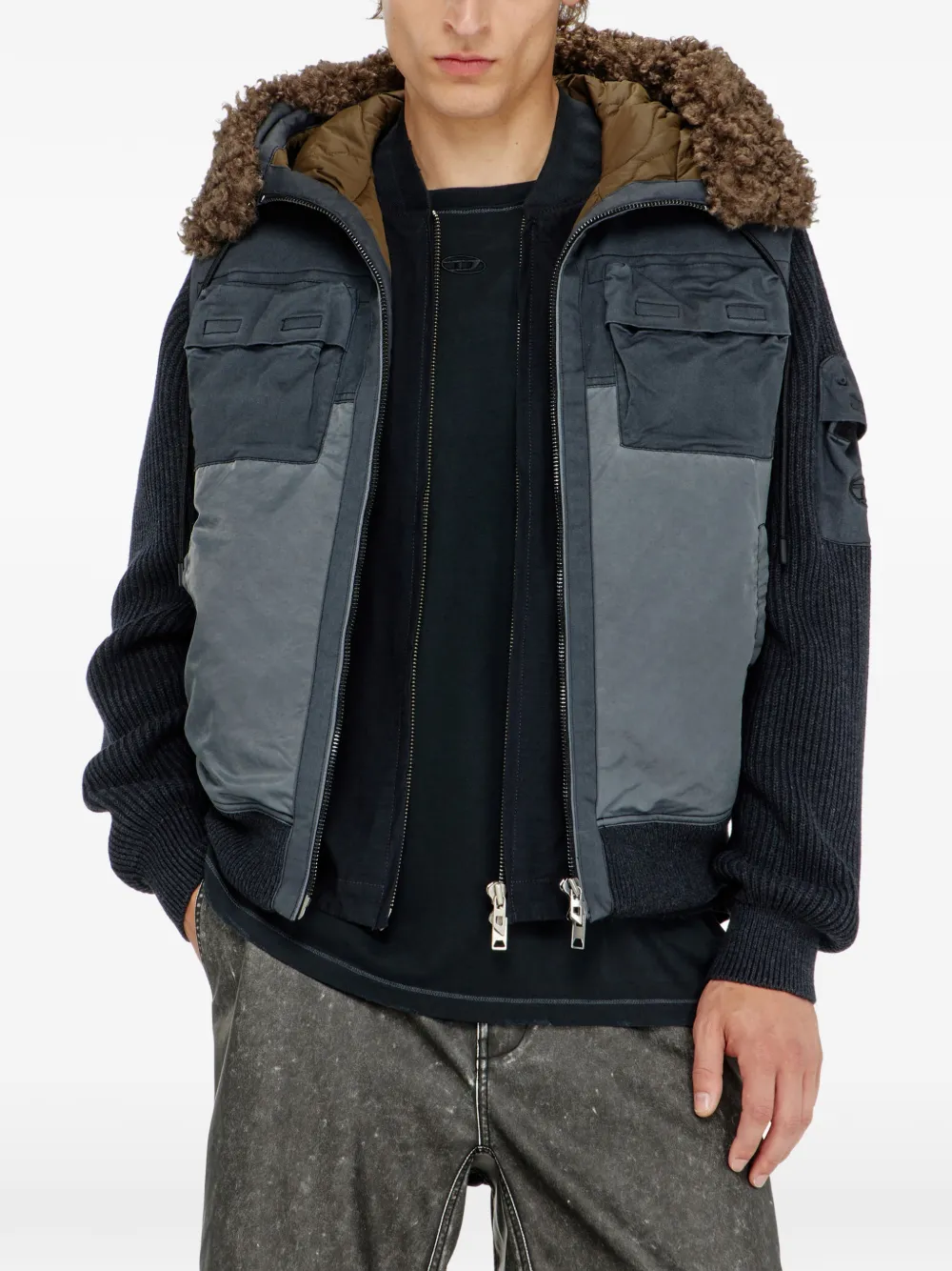 Diesel Gewatteerde jas met capuchon en gebreide mouwen Blauw