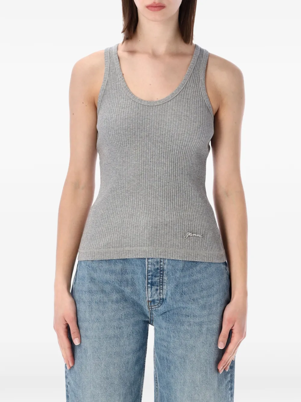 GANNI ribbed-knit logo-embellished tank top - Grigio